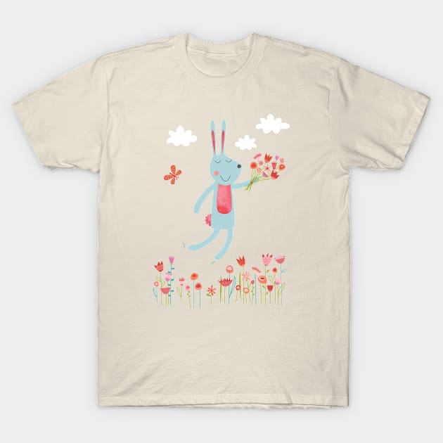 Be Hoppy Rabbit with Flowers T-Shirt by NicSquirrell